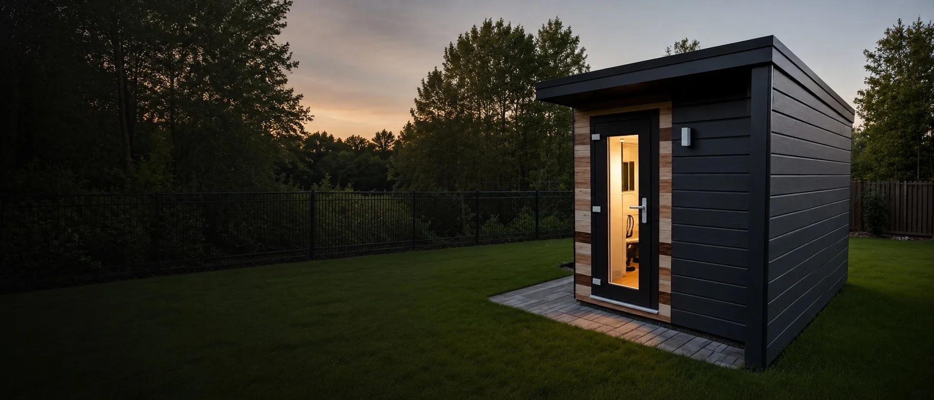 A modular garden office at dusk, built separately from the main house