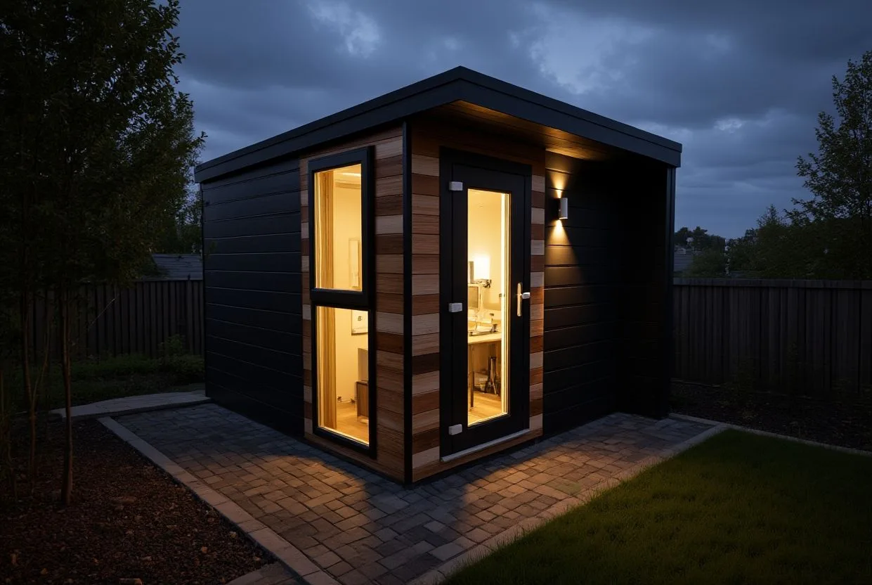 Macro garden office lit up at night