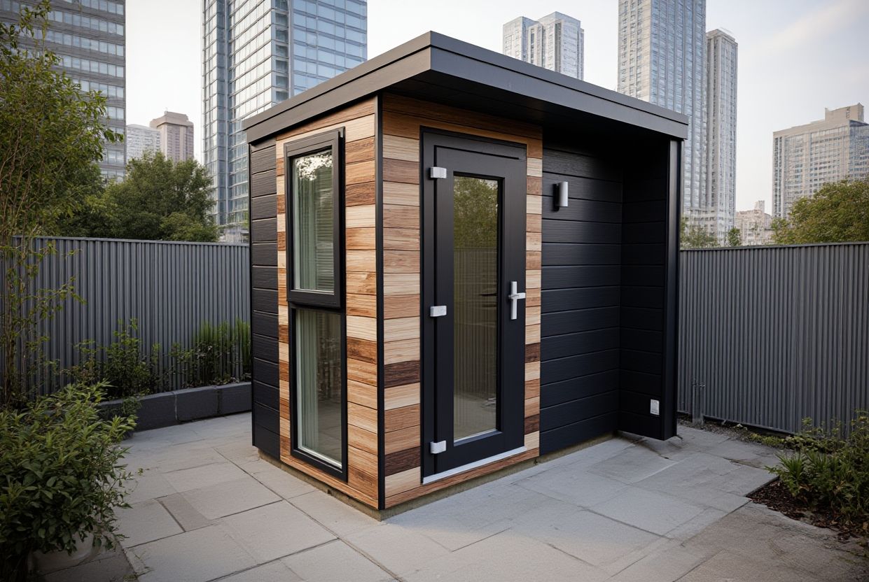 Micro garden office in an urban garden with the city skyline behind